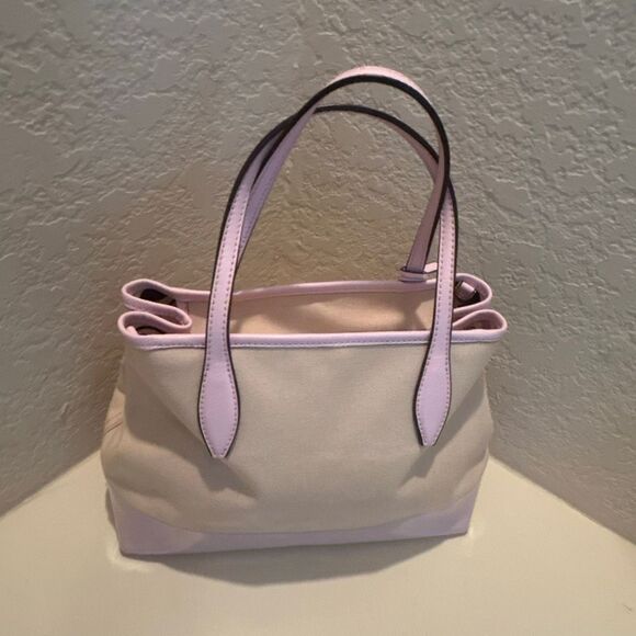 Kate Spade Leather Trim Canvas Tote Bag Natural Pink Logo Preppy Barbiecore - Picture 4 of 16
